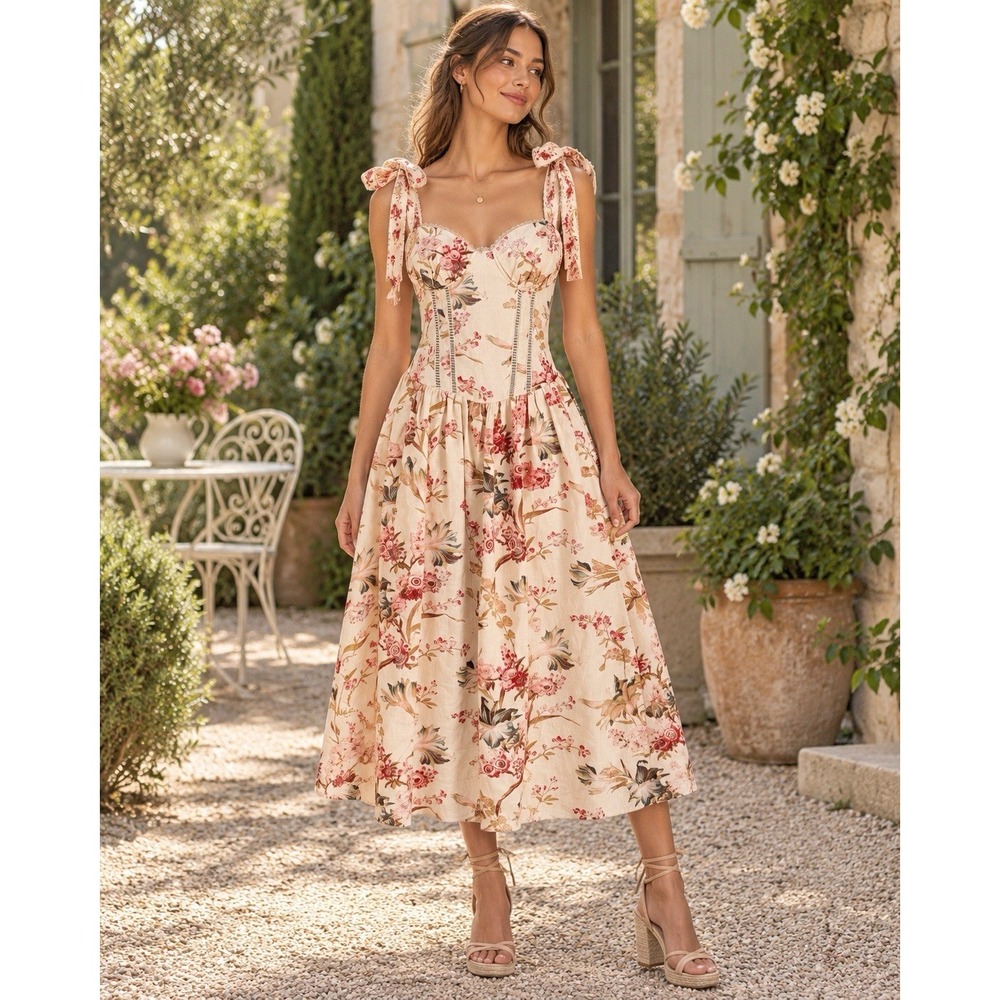 Women's M Floral Linen Blend Corset Midi Dress Tie Shoulder Cottagecore Romantic